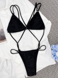 Women Black Underwire Strap Solid Lace Up One Piece Swimsuit