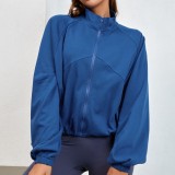 Women Spring Blue Full Sleeves Solid Pockets Regular Varsity Jacket