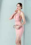 Mini abito aderente con diamanti solidi senza maniche con scollo a V formale rosa estivo da donna