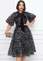 Women Summer Printed Modest O-Neck Half Sleeves Lace A-line Midi Dress