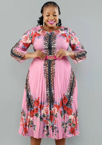 Women Spring Pink Modest O-Neck Three Quarter Sleeves Floral Print Belted Midi A-line Plus Size Casual Dress