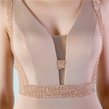 Women Summer Nude Formal V-neck Sleeveless Solid Diamonds Mini Bodycon Dress