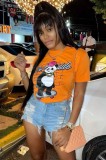 T-shirt regolare con stampa animalier a maniche corte con scollo a O e arancione estivo da donna