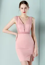 Women Summer Pink Formal V-neck Sleeveless Solid Diamonds Mini Bodycon Dress