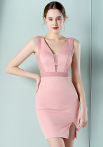 Mini vestido ajustado de diamantes sólidos sin mangas con cuello en V Formal rosa de verano para mujer