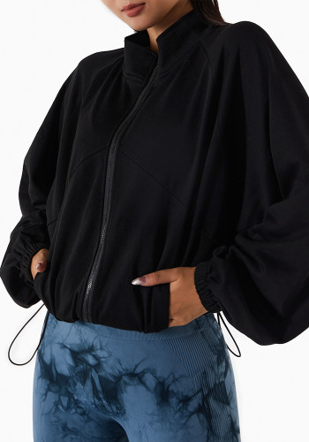 Frauen Frühling schwarz volle Ärmel solide Taschen Regular Varsity Jacke