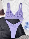 Costume da bagno a due pezzi solido con scollo a V bikini viola da donna