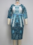 Women Spring Blue Modest O-Neck Three Quarter Sleeves Floral Print Belted Midi A-line Plus Size Casual Dress