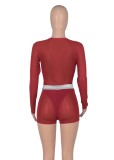 Set di pantaloncini a due pezzi regolari da donna con maniche lunghe a vita alta con scollo a O sexy rosso estivo