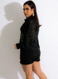 Women Spring Black Vintage Full Sleeves High Waist Solid Lace Fringed Regular Two Piece Shorts Set