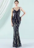 Women Summer Blue Vintage Strap Sleeveless Striped Print Sequined Evening Dress