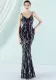Women Summer Blue Vintage Strap Sleeveless Striped Print Sequined Evening Dress