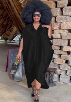 Damen Sommer Schwarz Modest V-Ausschnitt Halbarm Solid Maxi Loose Plus Size Langes Kleid