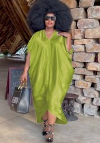 Frauen Sommer Grün Modest V-Ausschnitt Halbarm Solid Maxi Loose Plus Size Langes Kleid