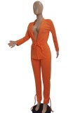 Women Spring Orange Formal V-neck Full Sleeves High Waist Solid Belted Regular Two Piece Pants Set