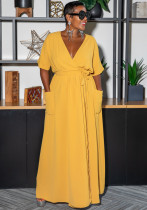 Женское летнее желтое скромное платье макси с воротником-стойкой и короткими рукавами, однотонные карманы