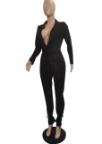 Women Spring Black Formal V-neck Full Sleeves High Waist Solid Belted Regular Two Piece Pants Set