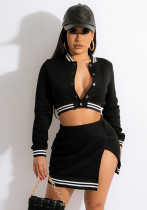 Mujeres primavera negro estilo preppy mangas completas cintura alta sólido rasgado regular mini dos piezas falda conjunto