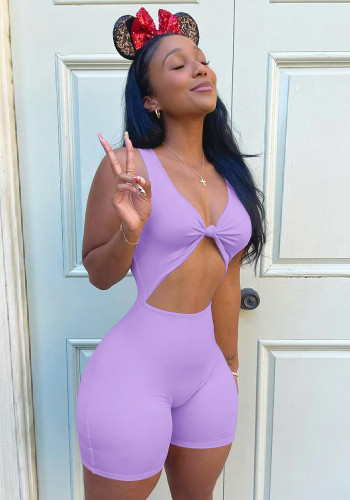 Women Summer Purple Sexy V-neck Sleeveless Solid Above Knee Skinny Rompers