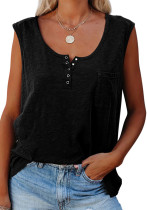 Camisetas sin mangas regulares con bolsillos sólidos negros de verano para mujer