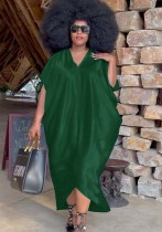 Mujer verano verde oscuro modesto cuello en V media manga sólido Maxi suelto de talla grande vestido largo