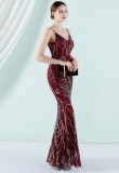 Women Summer Red Vintage Strap Sleeveless Striped Print Sequined Evening Dress