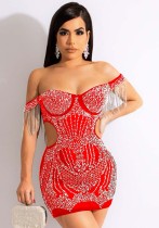Mini vestido de club recto con diamantes sólidos y hombros descubiertos sexy rojo de verano para mujer