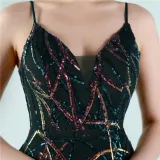 Women Summer Green Vintage Strap Sleeveless Striped Print Sequined Evening Dress