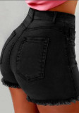 Женские летние черные прямые джинсовые шорты с высокой талией на молнии с однотонной кисточкой и короткими обычными джинсовыми шортами