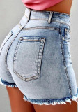 Женские летние синие прямые джинсовые шорты с высокой талией на молнии с однотонной кисточкой и короткими обычными джинсовыми шортами