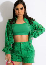 Women Spring Green Vintage Full Sleeves High Waist Solid Lace Fringed Regular Two Piece Shorts Set