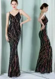 Women Summer Black Vintage Strap Sleeveless Striped Print Sequined Evening Dress