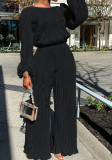 Set di pantaloni a due pezzi larghi a vita alta con maniche lunghe e maniche lunghe nere da donna