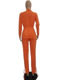 Women Spring Orange Formal V-neck Full Sleeves High Waist Solid Belted Regular Two Piece Pants Set