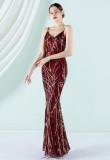 Women Summer Red Vintage Strap Sleeveless Striped Print Sequined Evening Dress
