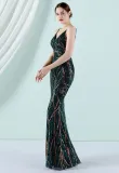 Women Summer Green Vintage Strap Sleeveless Striped Print Sequined Evening Dress