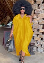Damen Sommer Gelb Modest V-Ausschnitt Halbarm Solid Maxi Loose Plus Size Langes Kleid