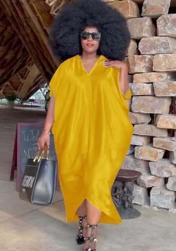 Women Summer Yellow Modest V-neck Half Sleeves Solid Maxi Loose Plus Size Long Dress