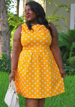 Kadın Yaz Sarı Tatlı O-Boyun Kolsuz Nokta Baskı Midi A-line Artı Boyutu Günlük Elbise