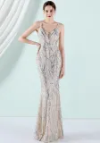Women Summer Nude Vintage Strap Sleeveless Striped Print Sequined Evening Dress