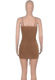 Women Summer Brown Sexy V-neck Sleeveless Solid Pleated Mini Sheath Club Dress