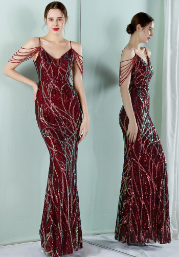 Women Summer Red Vintage Strap Sleeveless Striped Print Metallic Sequined Mermaid Evening Dress