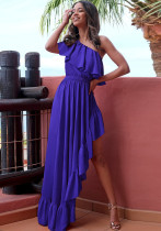 Женское летнее синее винтажное платье макси с вырезом на шее и короткими рукавами, сплошное каскадное платье макси с оборками