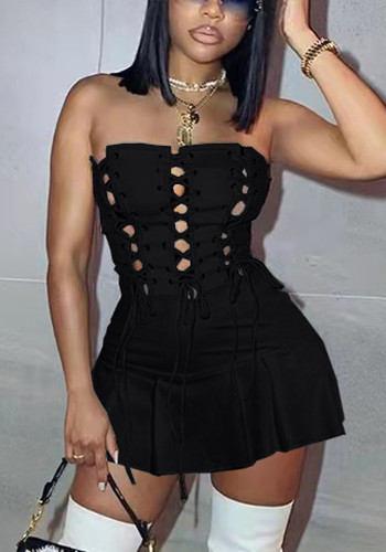 Kadın Yaz Siyah Streetwear Straplez Kolsuz Katı Dantel Up Mini A-line Kulübü Elbise