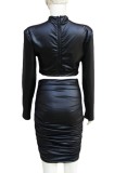 Women Spring Black Modest Turtleneck Full Sleeves High Waist Solid PU Leather Skinny MiniTwo Piece Skirt Set