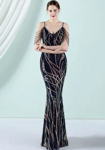 Women Summer Blue Vintage Strap Sleeveless Striped Print Metallic Beading Mermaid Evening Dress