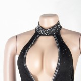 Women Summer Black Vintage V-neck Sleeveless Diamonds Mermaid Evening Dress