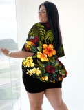 Women Summer Black Casual V-neck Half Sleeves High Waist Floral Print Belted Regular Plus Size Two Piece Short Set