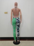 Set di pantaloni e top con lacci con stampa floreale senza spalline verdi da donna