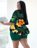 Women Summer Green Casual V-neck Half Sleeves High Waist Floral Print Belted Regular Plus Size Two Piece Short Set